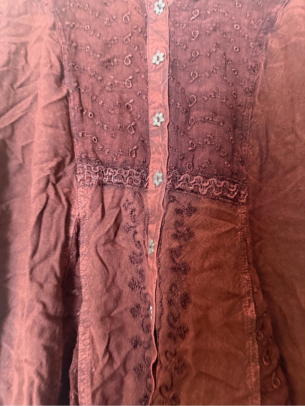 Denim 24/7 Brown Burgundy Embroidered Handkerchief-Hem Tunic Fairycore Bohemian - Picture 2 of 4
